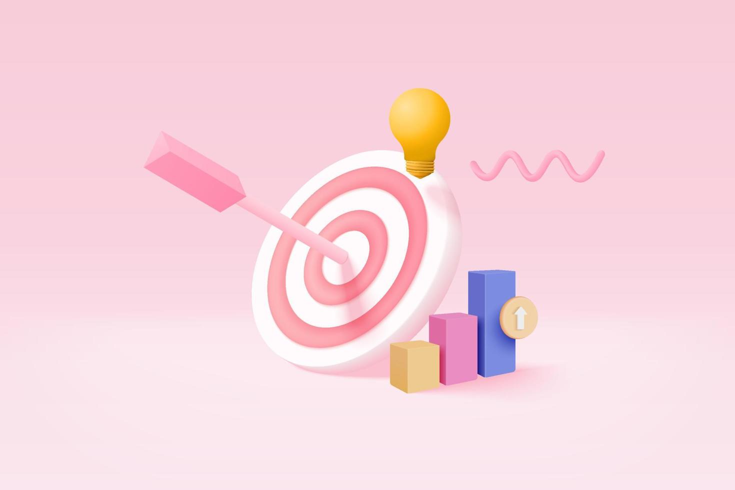 3d minimal excellent business idea goals. Leadership for successful  under creative concept in pastel background. 3d arrow hit center of target vector render on isolated pink background