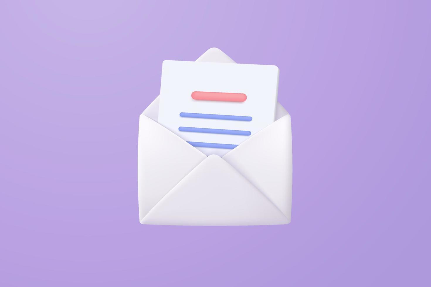 Ícono de sobre de correo 3d con mensaje nuevo de notificación sobre fondo púrpura. carta de correo electrónico mínima con icono de lectura de papel de carta. mensaje concepto 3d vector render aislado fondo pastel