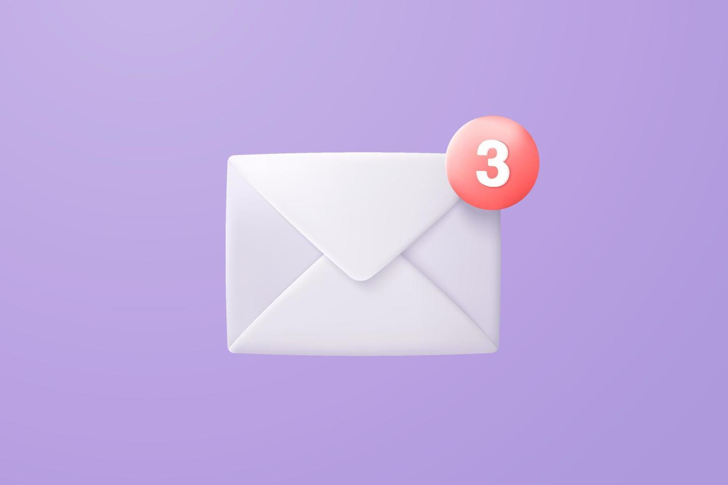 Ícono de sobre de correo 3d con mensaje nuevo de notificación sobre fondo púrpura. carta de correo electrónico mínima con icono de notificación de burbuja roja no leída. mensaje concepto 3d vector render aislado fondo pastel