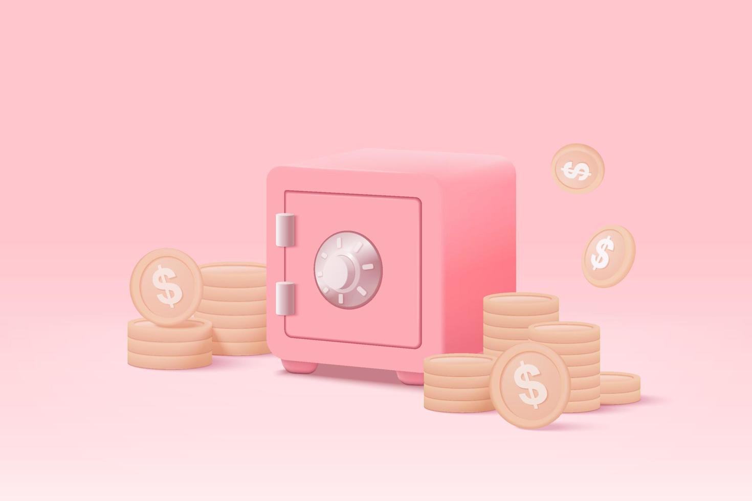 3d safe box minimal design for treasure on pink pastel background. Treasure with gold and money in safe box, money saving, stored money concept. 3d secure box vector render isolated pastel background