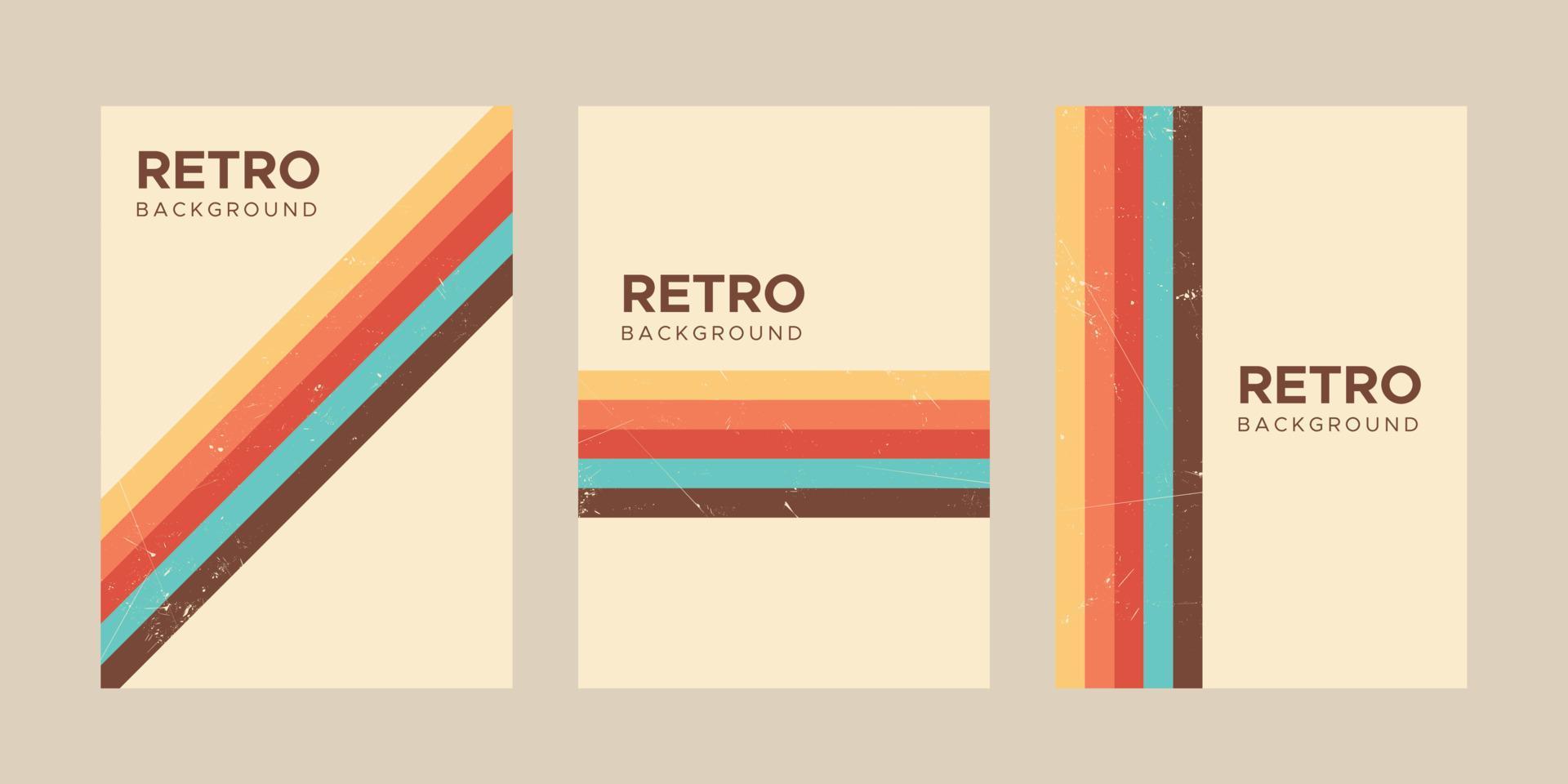 Conjunto de diseño de fondo de cartel, folleto y cubierta de rayas retro de los años 70 vector