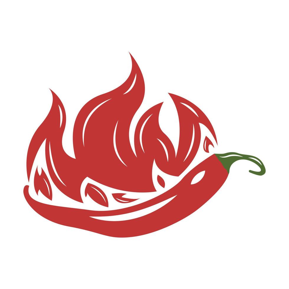 Chili With Fire Logo Design Vector. Hot burning fire and red chili isolated on a white background. Vector illustration for spicy food restaurant or menu design.