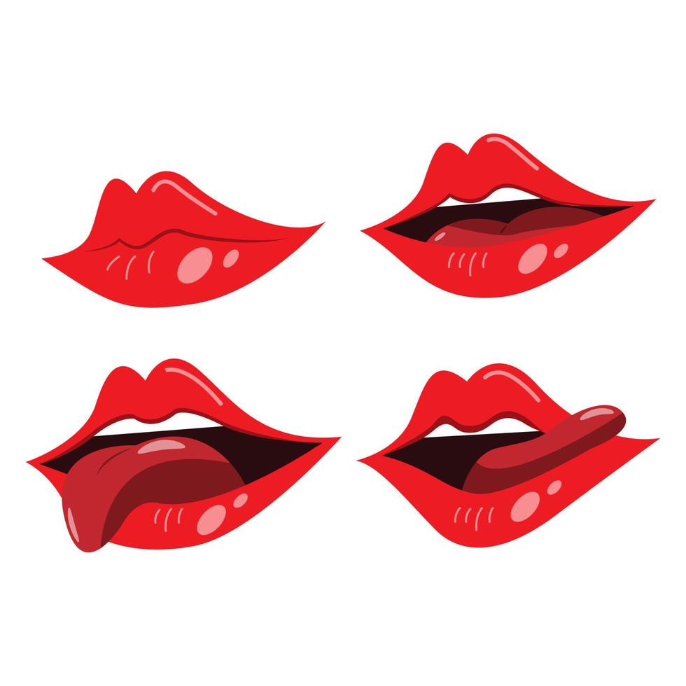 Red lips collection. Vector illustration of sexy woman's lips expressing different emotions, such as smile, half-open mouth, lip licking, tongue out. Isolated on white.