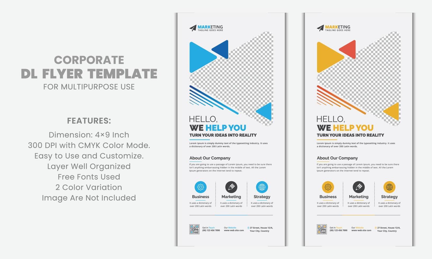 Blue and Yellow Gradient Abstract Modern Clean Stylish Trendy Corporate Business DL Flyer Rack Card Template Vector Unique Design for Publication, Marketing, Advertisement, Multipurpose Use