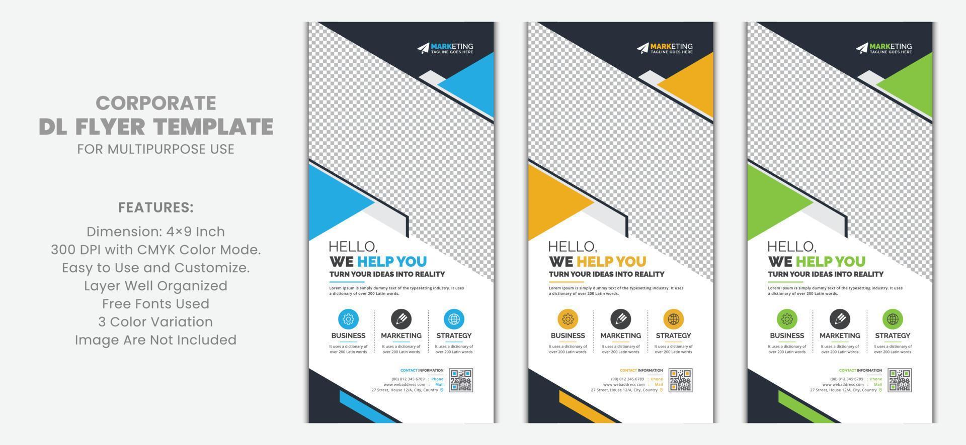 Abstract Corporate Business DL Flyer Rack Card Template Vector Design with Blue, Yellow, Green Color