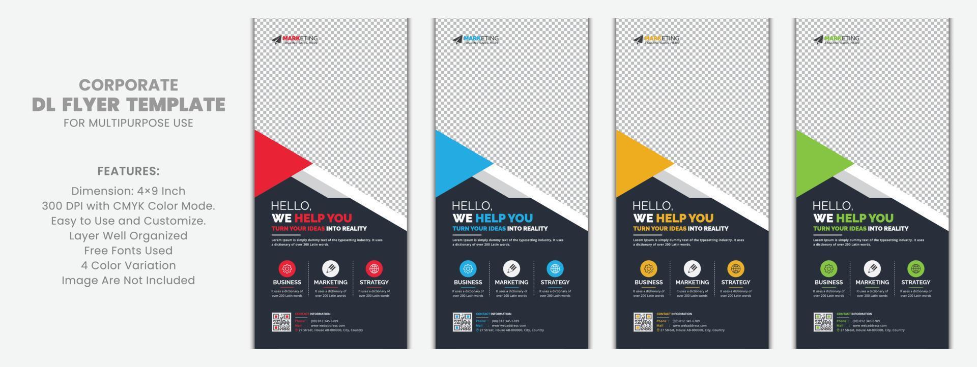 Red, Blue, Yellow, Green Modern Creative Corporate DL Flyer Rack Card Template Design for Multipurpose Use vector