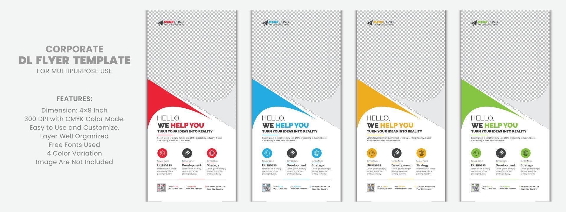 Modern Simple Minimal Multipurpose Corporate DL Flyer Rack Card Template Vector Design Abstract Shapes with Red, Blue, Yellow, Green Color