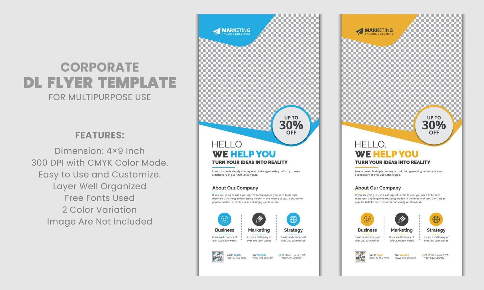 Blue, Yellow Corporate DL Flyer Template Clean Design for Advertisement and Multipurpose Use, Creative Elegant Business Rack Card Layout vector