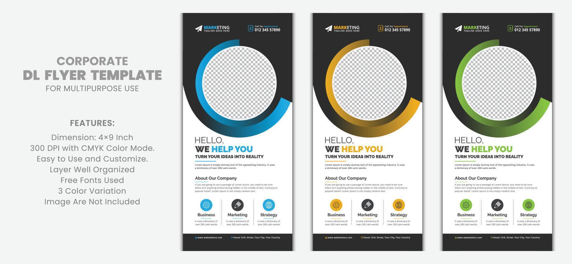 Blue, Yellow and Green Gradient Corporate DL Flyer Rack Card Template Vector Design with Creative Concept and Shapes for Business, Marketing, Advertisement, Multipurpose Use