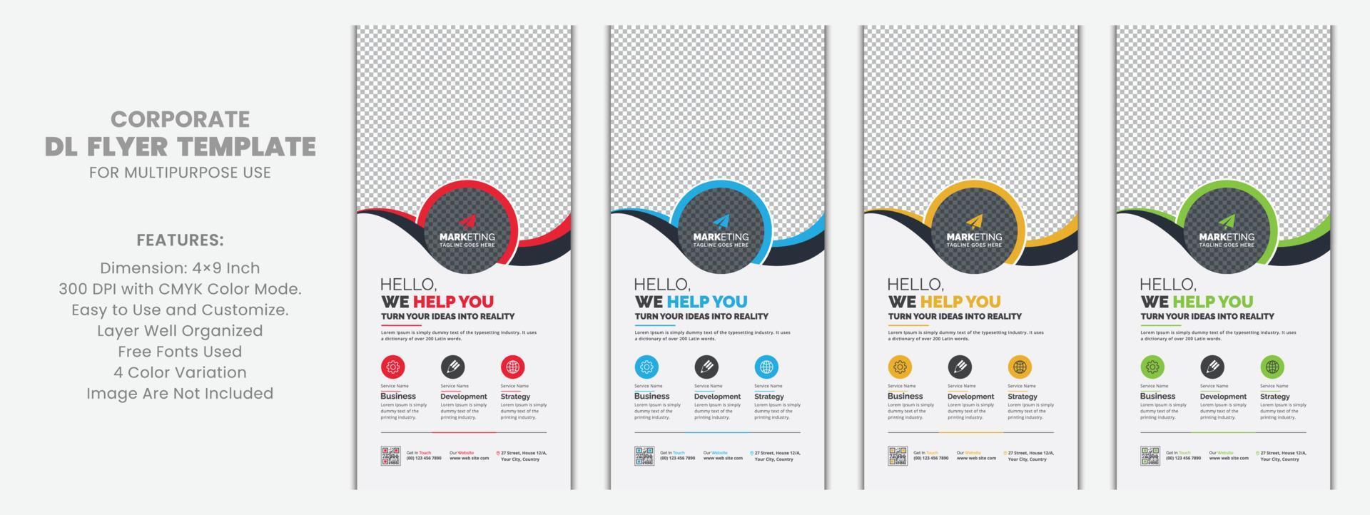 Red, Blue, Yellow and Green Color Corporate DL Flyer Rack Card Template Unique Design with Creative Concept vector