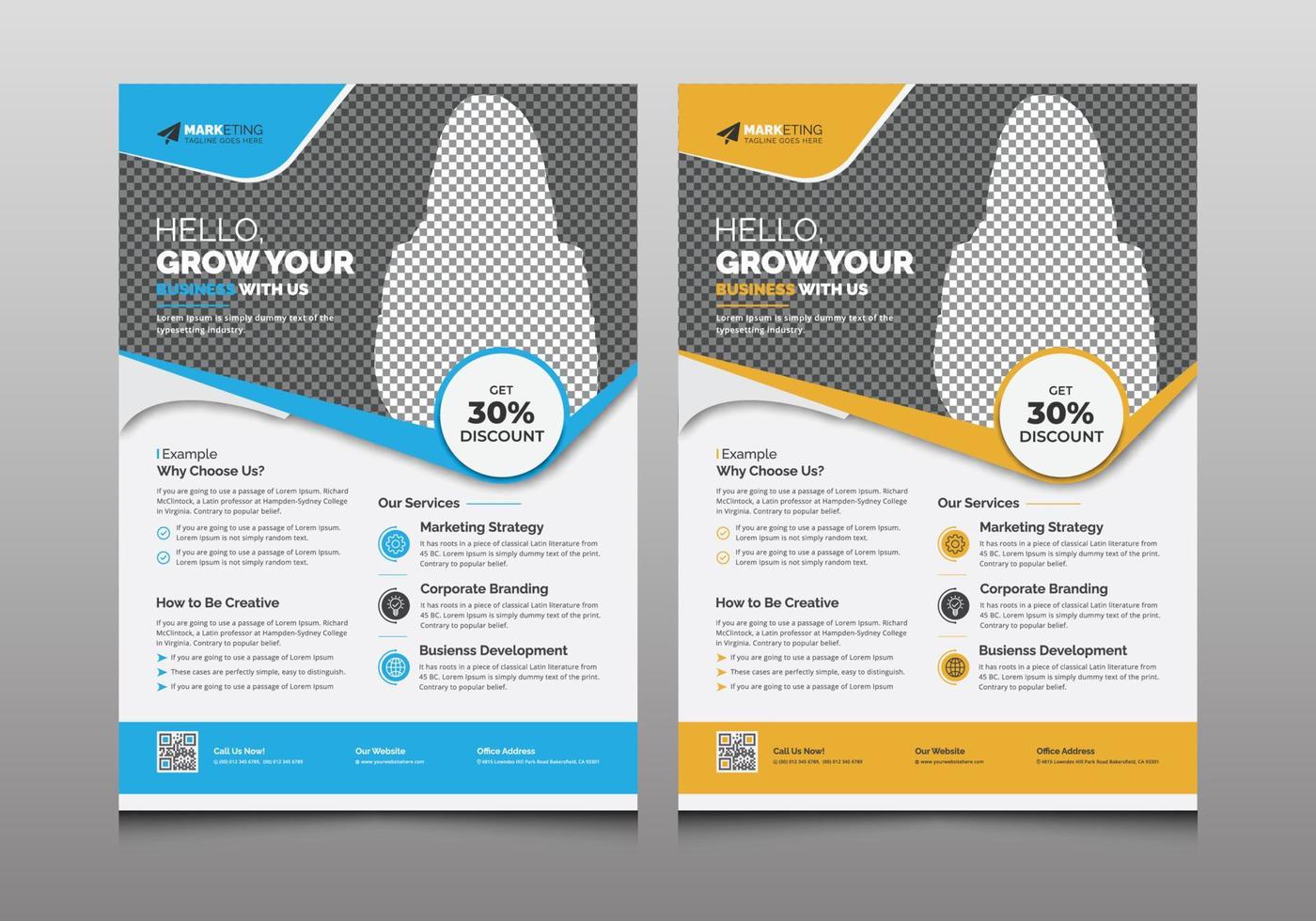 diseño de plantilla de volante de negocios corporativos modernos azul, amarillo, folleto profesional único creativo, correo para promocionar su negocio, oficina, empresa, marketing, publicidad, uso multipropósito vector