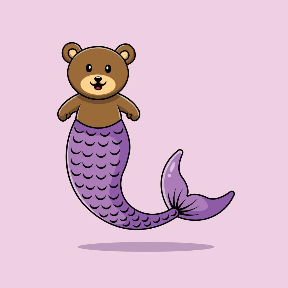 Cute Bear Mermaid Cartoon Vector Icon Illustration. Animal Icon Concept Isolated Premium Vector.