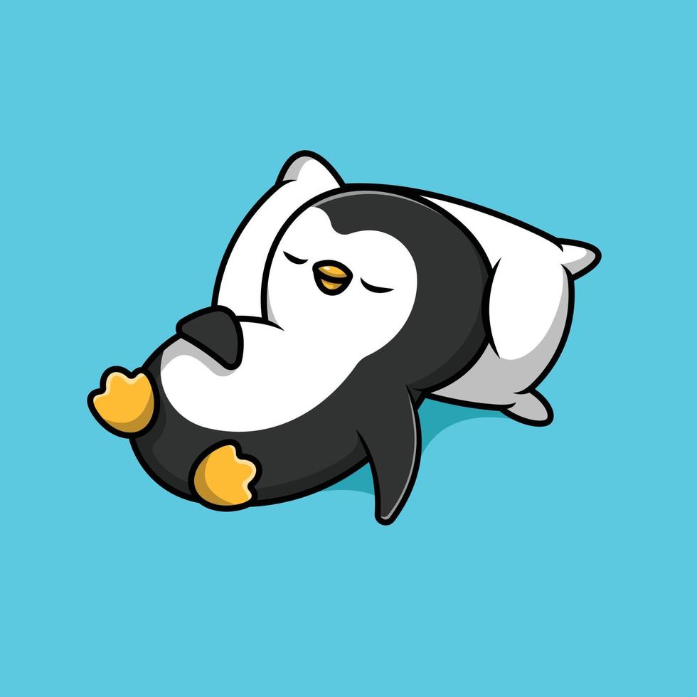 lindo pingüino durmiendo en la ilustración de icono de vector de dibujos animados de almohada. concepto de icono animal vector premium aislado.