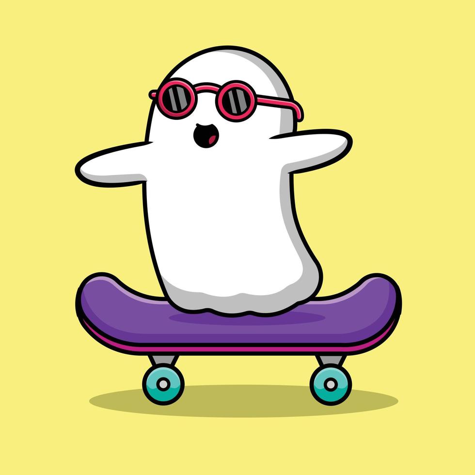 Cute Ghost Playing Skateboard Cartoon Vector Icon Illustration. Halloween Sport Icon Concept Isolated Premium Vector.