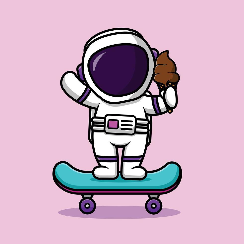 lindo astronauta en patineta con ilustración de icono de vector de dibujos animados de helado. ciencia comida deporte icono concepto aislado premium vector.