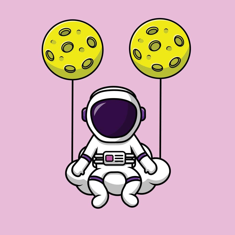 Cute Astronaut Sitting On Cloud With Moon Cartoon Vector Icon Illustration. Science Nature Icon Concept Isolated Premium Vector.