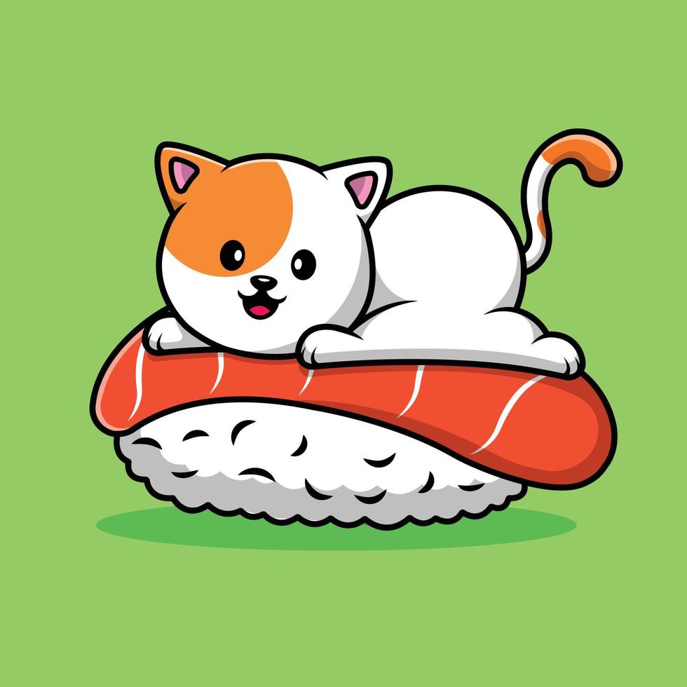 Cute Cat On Sushi Salmon Cartoon Vector Icon Illustration. Animal Food Icon Concept Isolated Premium Vector.