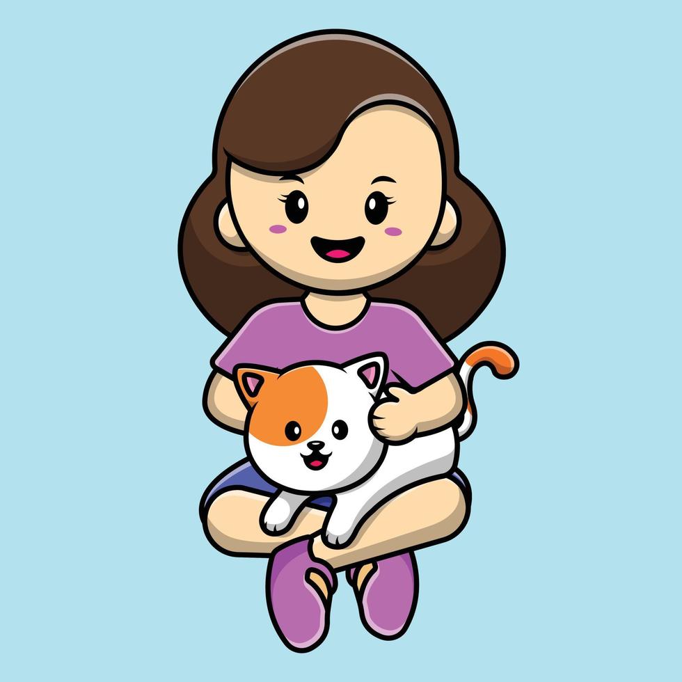 Linda chica con ilustración de icono de vector de dibujos animados de gato. gente animal icono concepto aislado premium vector.