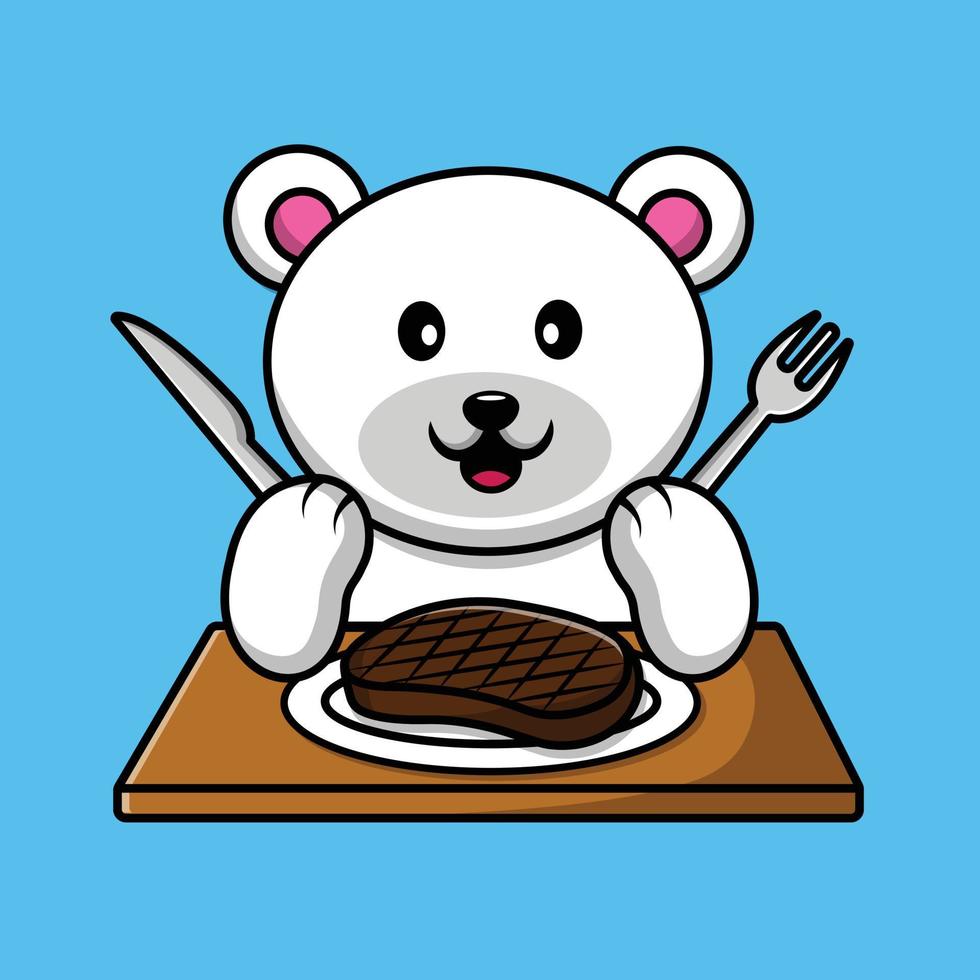 Cute Polar Bear Eat Steak With Fork And Knife On Table Cartoon Vector Icon Illustration. Animal Food Icon Concept Isolated Premium Vector.