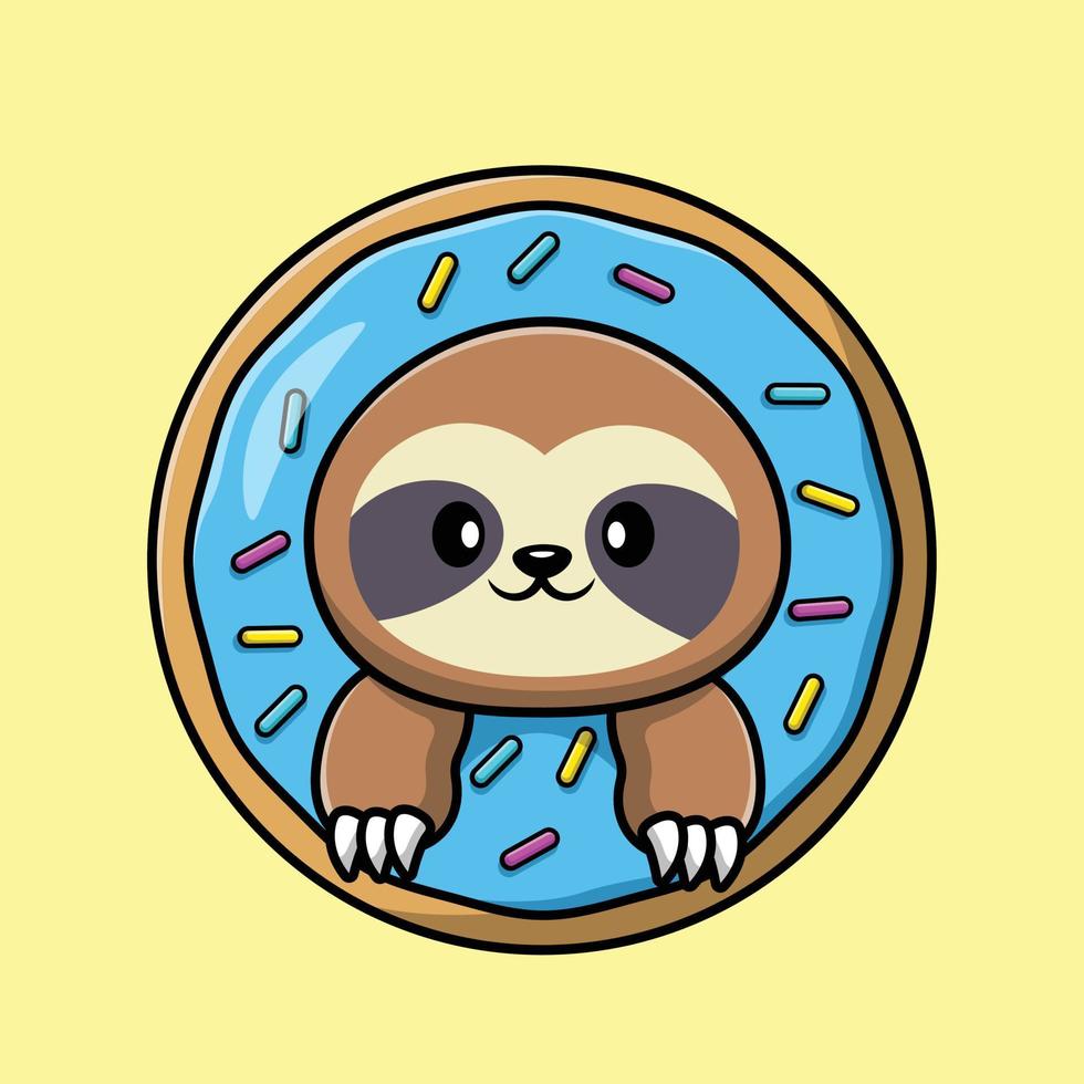 Cute Sloth In Doughnut Cartoon Vector Icon Illustration. Animal Food Icon Concept Isolated Premium Vector.
