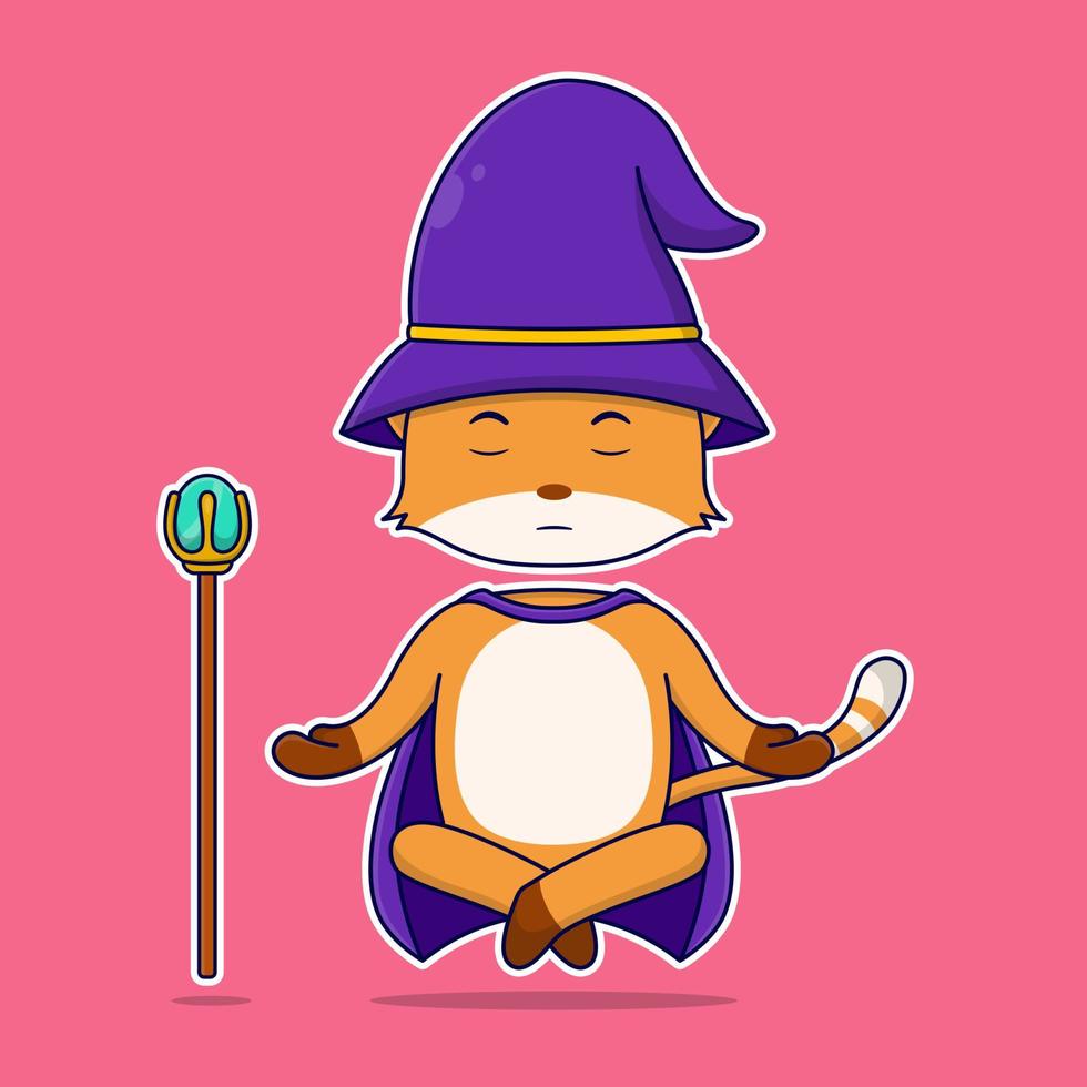 Cute Yoga Fox Cartoon with witch wand Vector Icon Illustration. Flat Cartoon Style