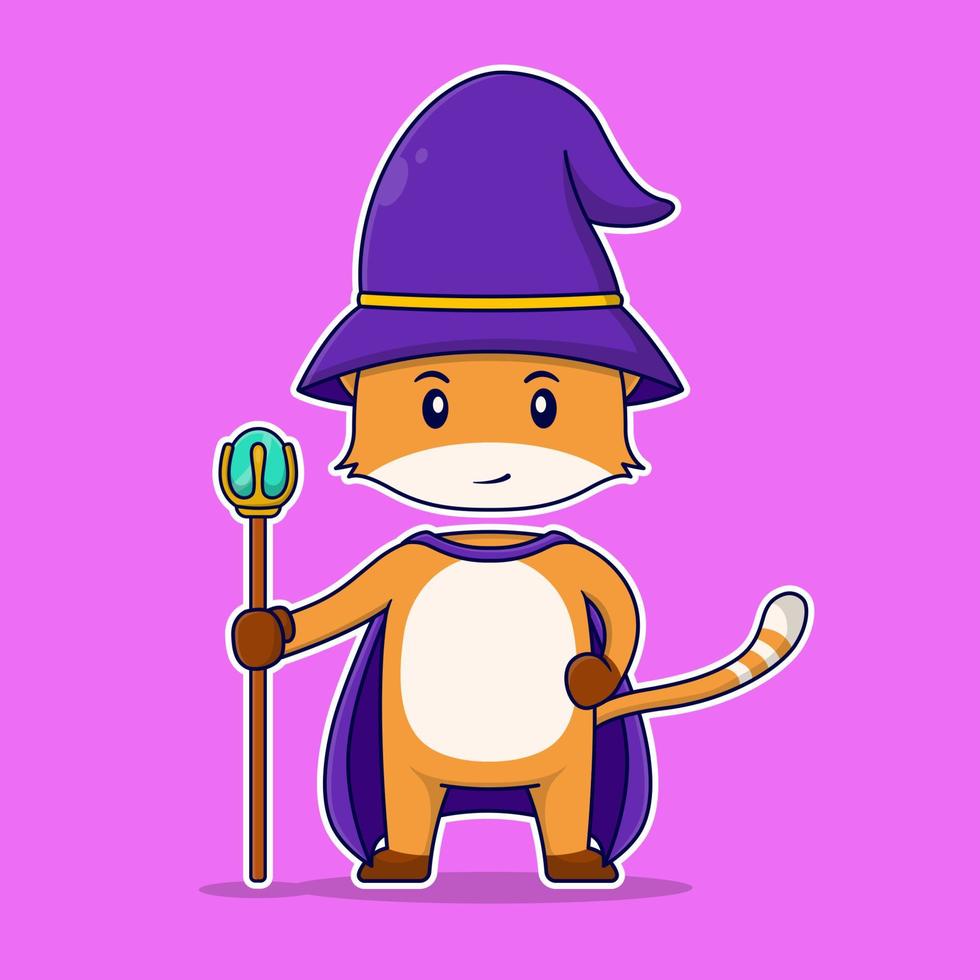 Cute Witch Fox Cartoon with witch wand Vector Icon Illustration. Flat Cartoon Style