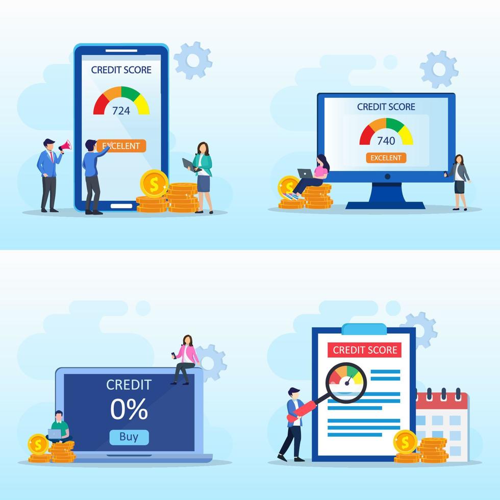 Credit score vector concept, Business people check credit score of while using laptop and smart phone. Flat vector