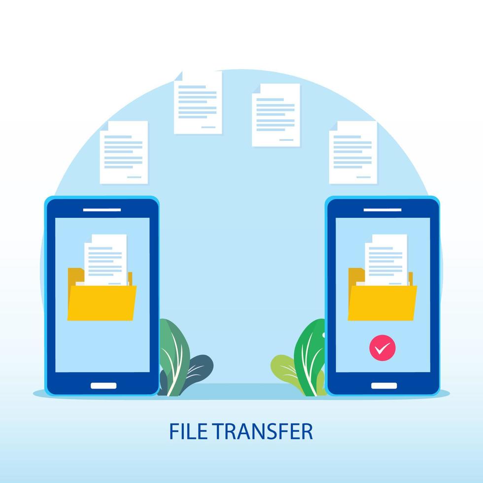 concepto de transferencia de archivos, datos de copia de seguridad, nube de tecnología, carga y descarga, plantilla de vector plano