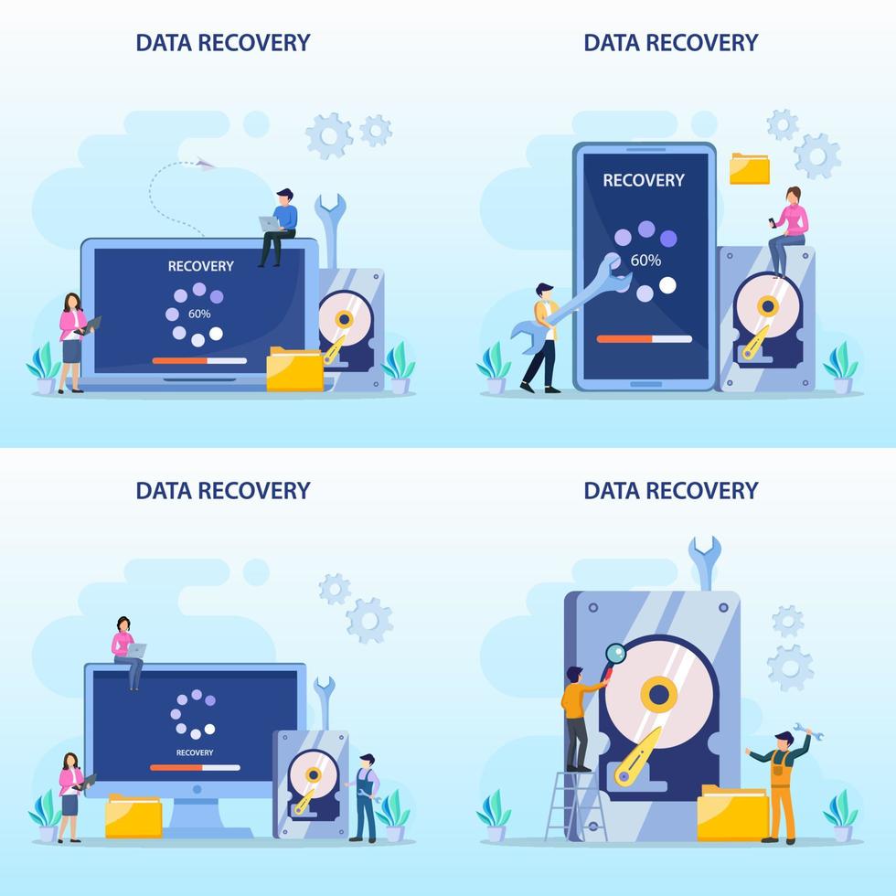 concepto de vector plano de servicios de recuperación de datos, copia de seguridad y protección de datos, reparación de hardware.