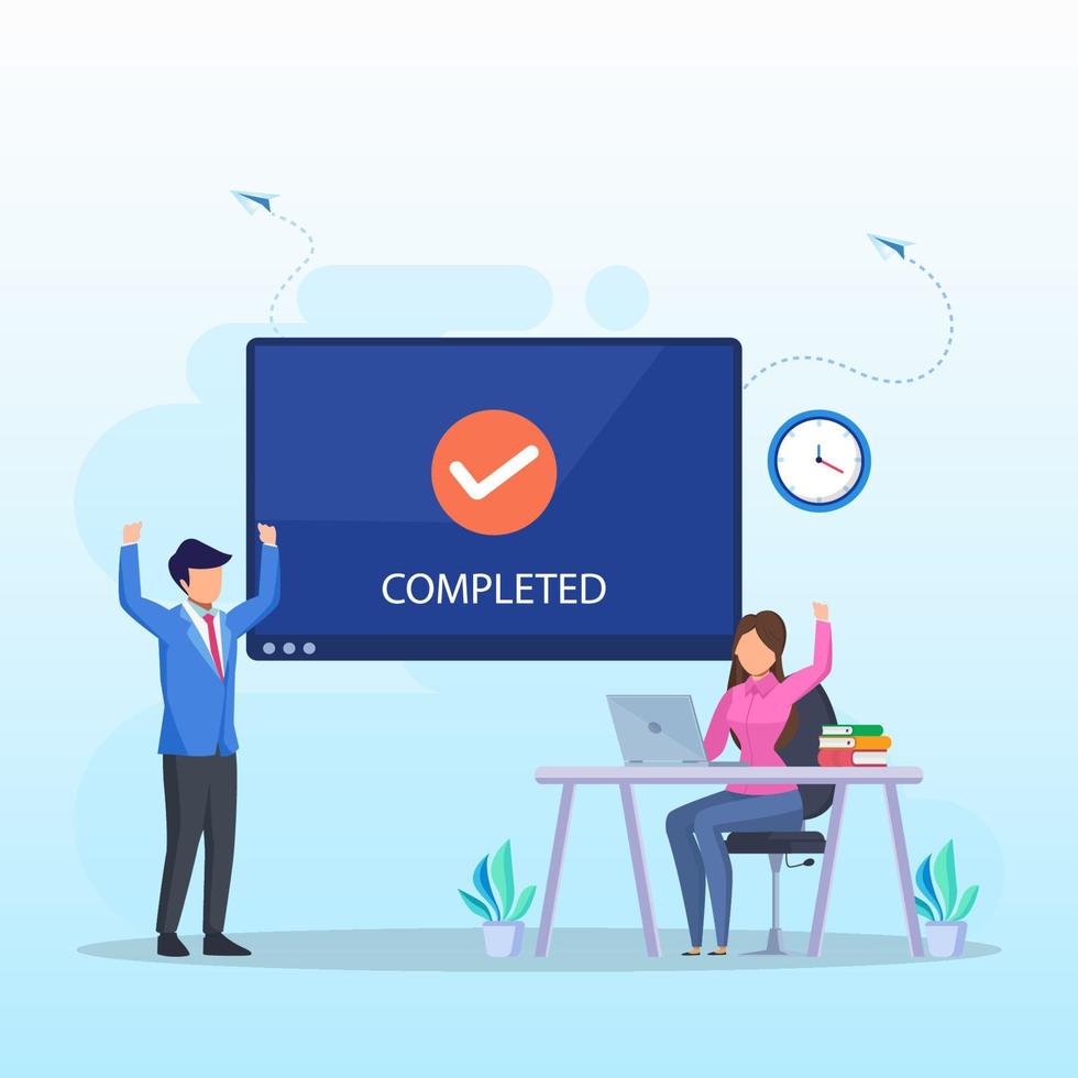 Vector concept complete. Business team cheering with task completed check mark
