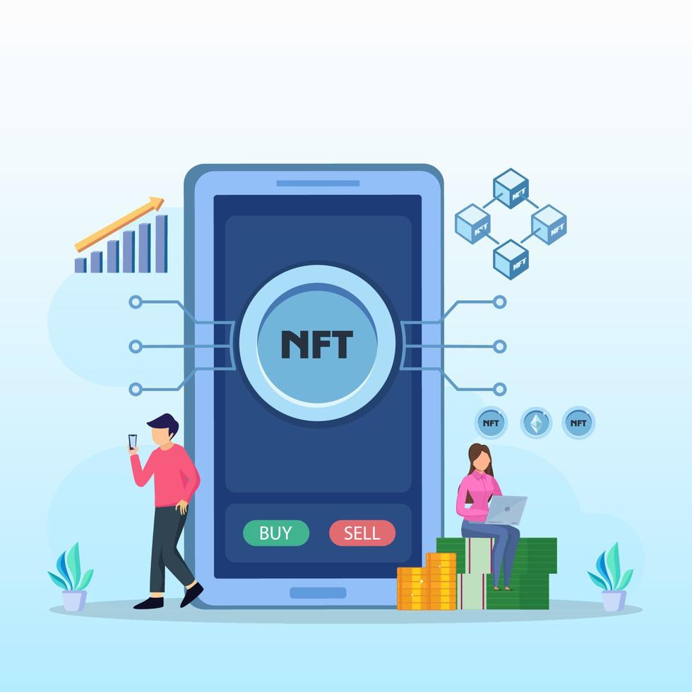 NFT non fungible token, digital crypto art blockchain technology, flat vector illustration,