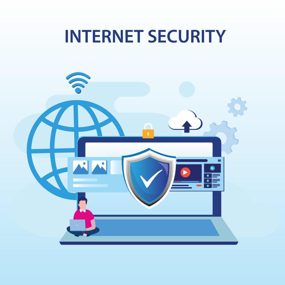 Modern Flat design concept of Internet Security with characters using laptop. Managing, securing data. Flat vector template