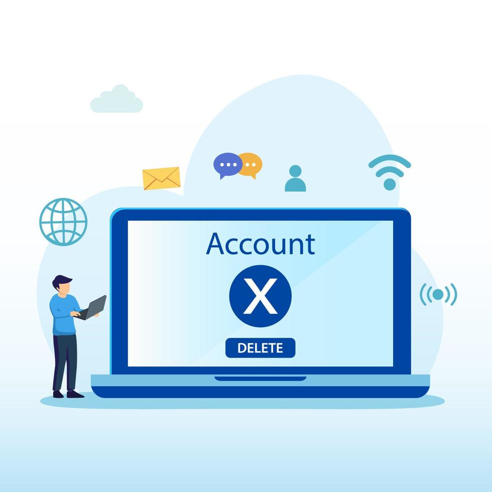 User deleting social account to waste bin. Concept of delete profile, account deactivation, remove data files or page. Flat vector illustration