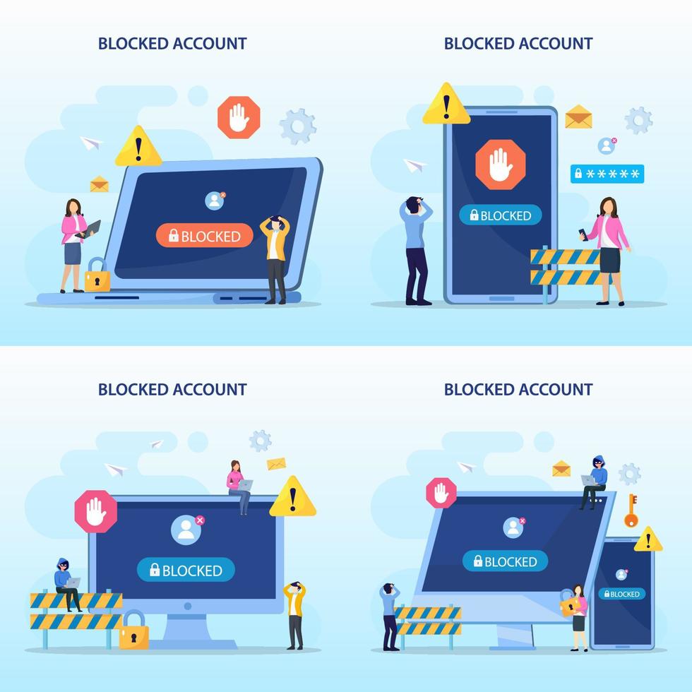 People are very surprised and feeling anxious about blocked user account. Experts help user to unblock account. Flat vector