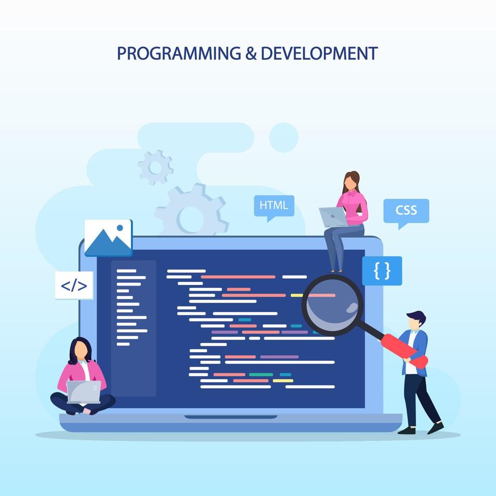 Programmers at work concept, People work on table using laptops programming and coding, programming languages. css, html, PHP, ui. Flat vector template