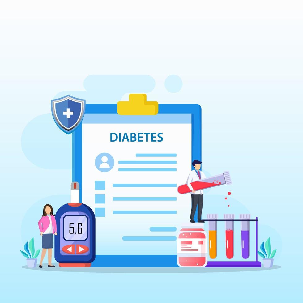 Medicine diabetes concept. The doctor tests the level of glucose in the blood, prescribes statins. Flat vector illustration.