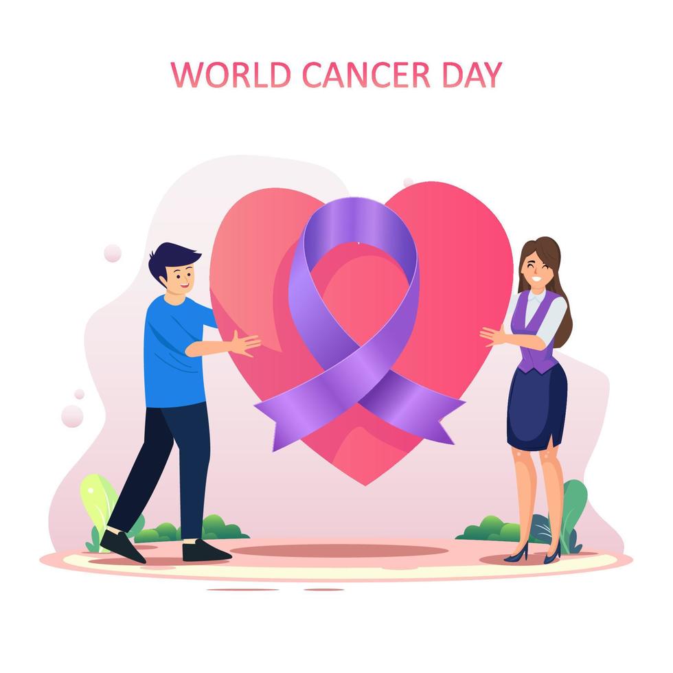 A couple celebrating world cancer day by holding a decorated love symbol with purple cancer awareness ribbon with earth background. vector