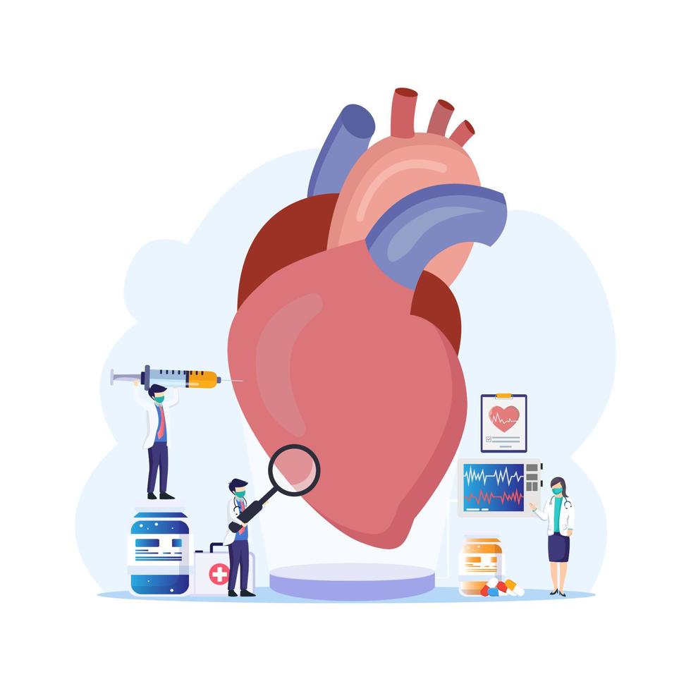 Anatomy vector concept. Group of scientist doing human heart anatomy and research.