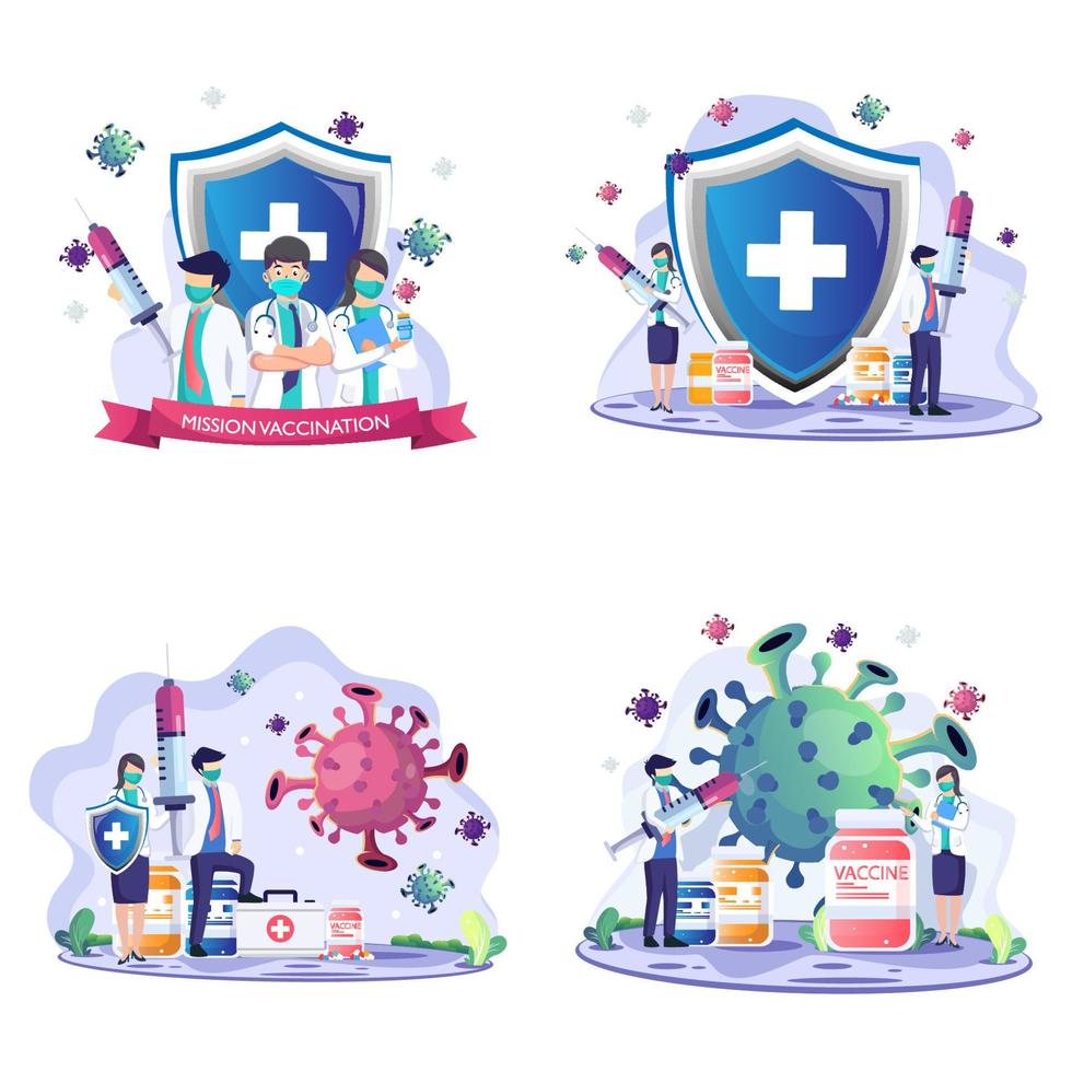 Vaccination concept Vector illustration. Doctors with injections are fighting against the covid-19 coronavirus. Flat vector template