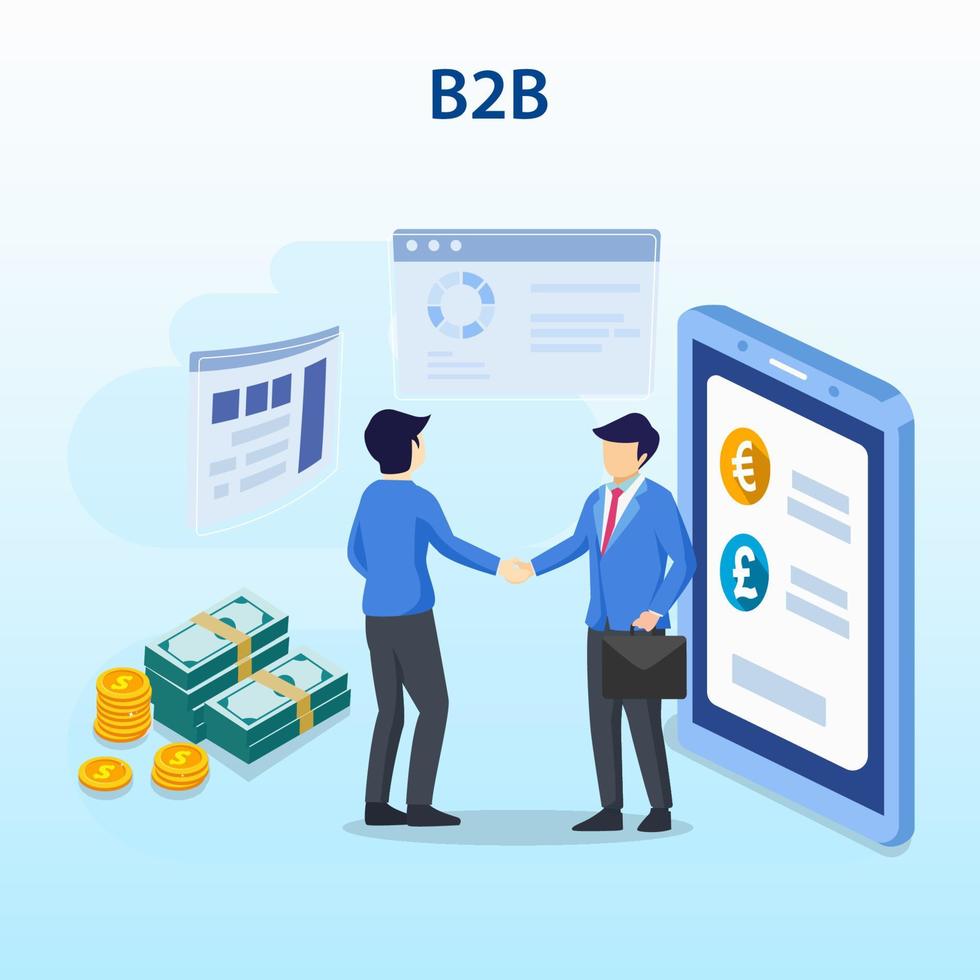 Business to Business Marketing concept, B2B Solution, Two business partners shaking hands. vector