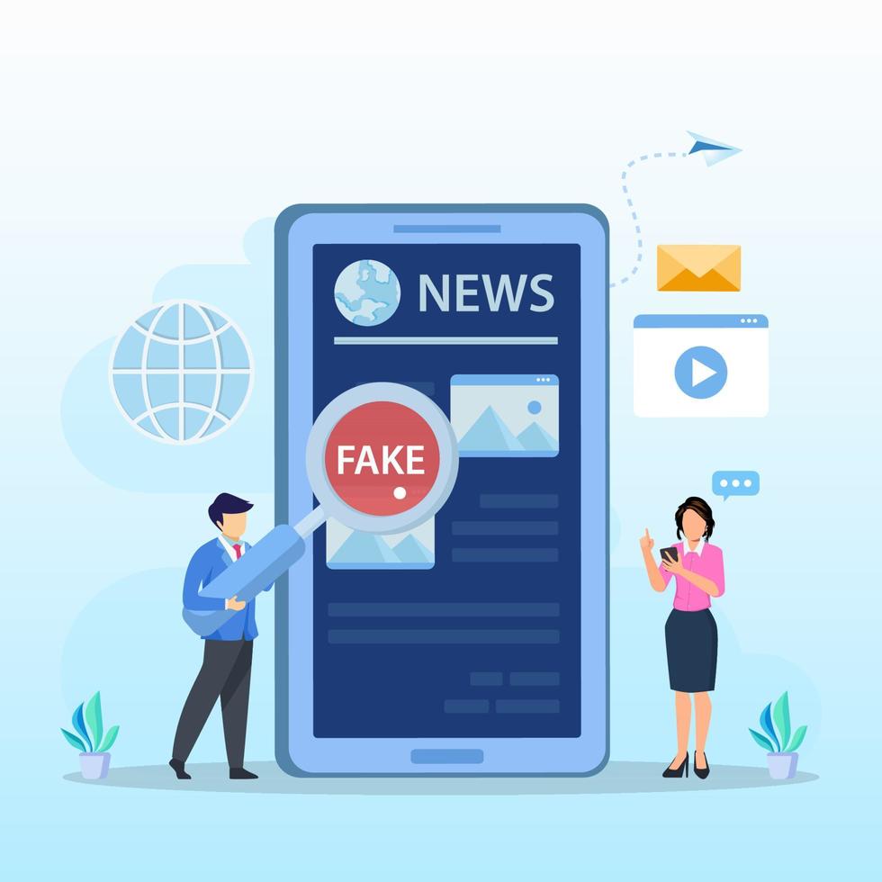 Fake news concept. False information broadcasting. Press, newspaper journalists, editors. vector