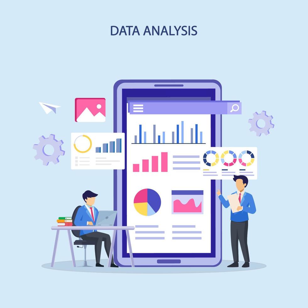 vector de ilustración de análisis de datos. estadística para el concepto de inversión en finanzas empresariales en el panel de control del gráfico del monitor