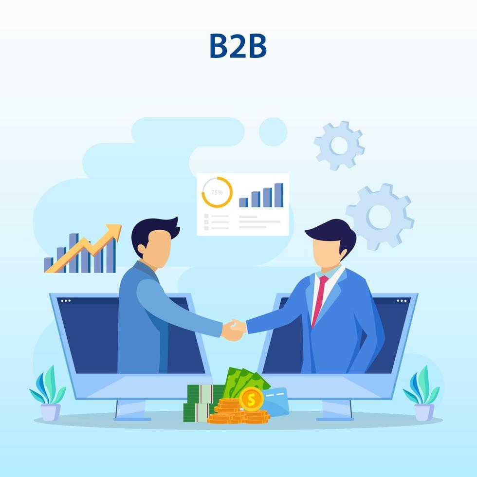 Business to Business Marketing concept, B2B Solution, Two business partners shaking hands. vector