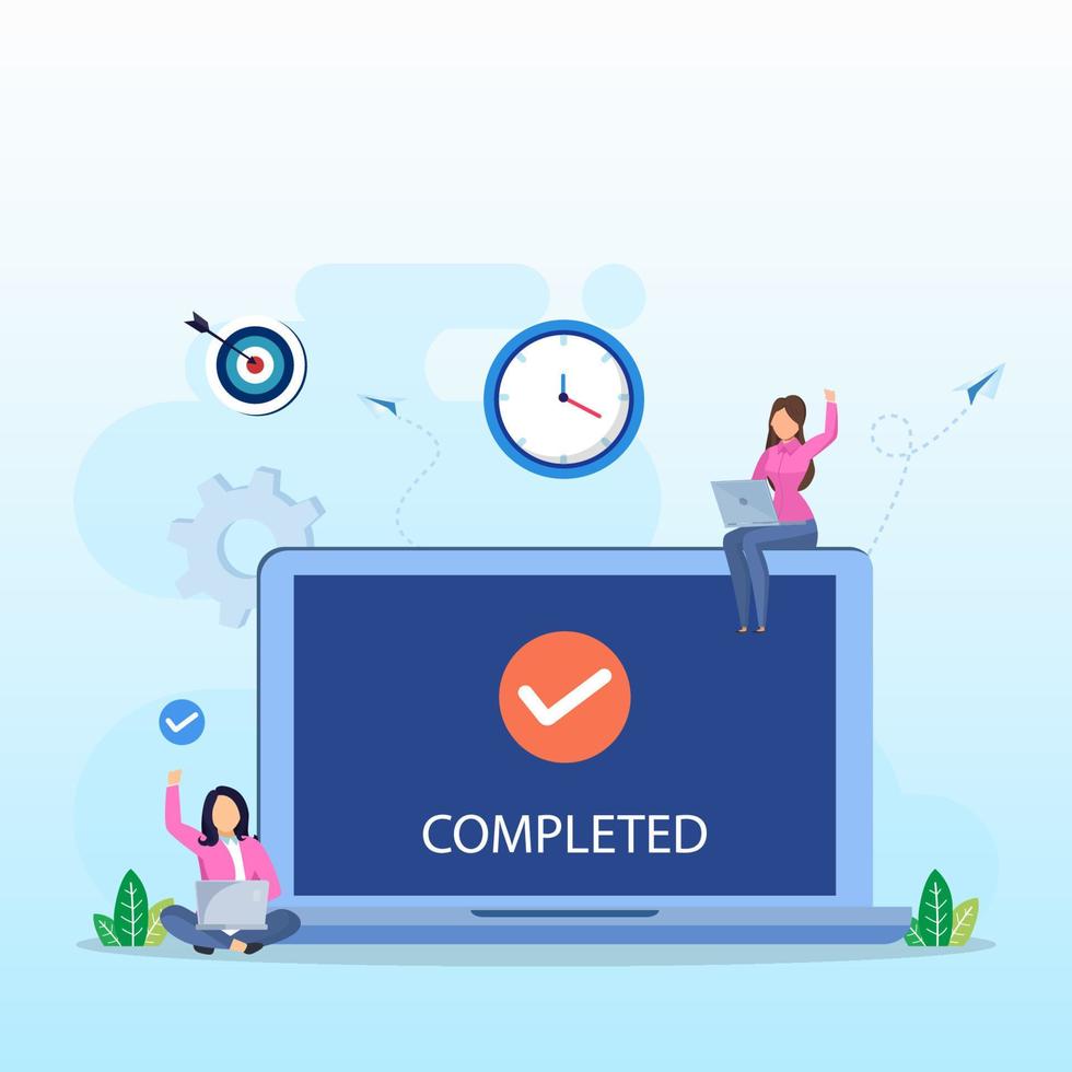 Vector concept complete. Business team cheering with task completed check mark