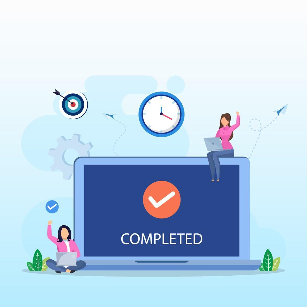 concepto vectorial completo. equipo de negocios animando con la marca de verificación de tarea completada vector