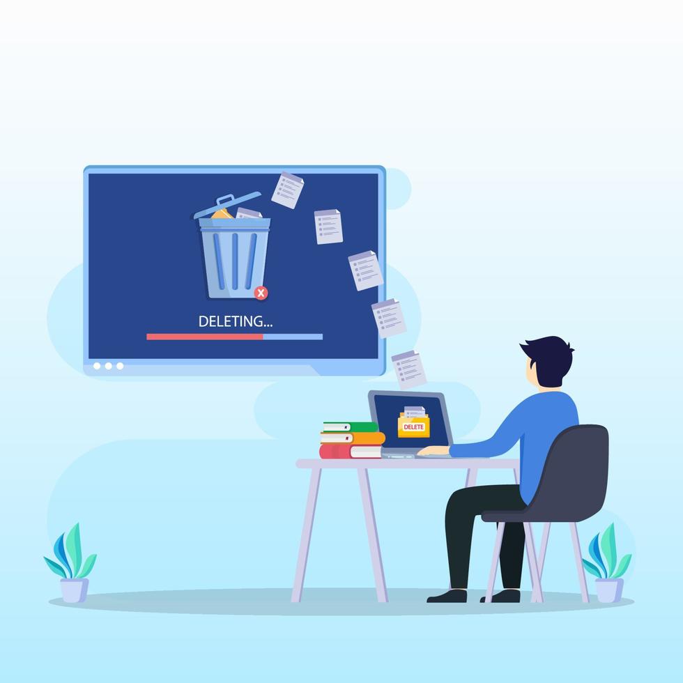 Delete concept. deleting data and move unnecessary files to the trash bin. illustration vector