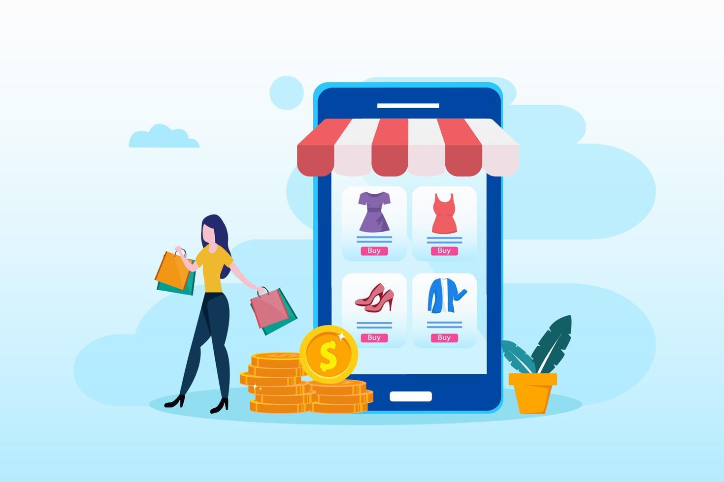 Discounts, Sale Vector Illustration. Online Store in the Mobile Application of the Smartphone. Tiny People choose goods at Low Prices in their Gadgets.