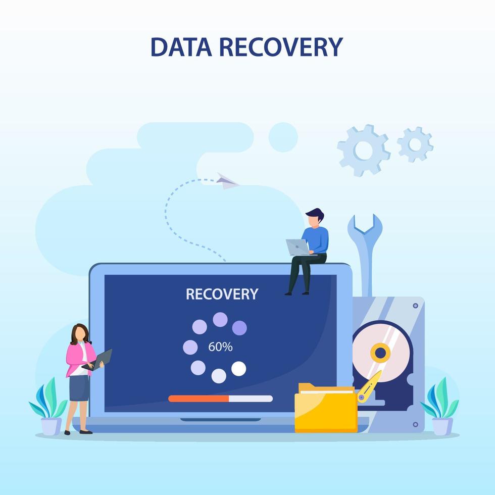 flat vector concept of data recovery services, data backup and protection, hardware repair.