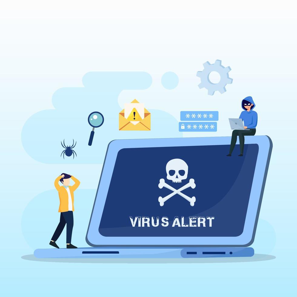 concepto de detección de malware de virus, señales de advertencia de ataque de virus, vector de mensajes de alerta de piratería