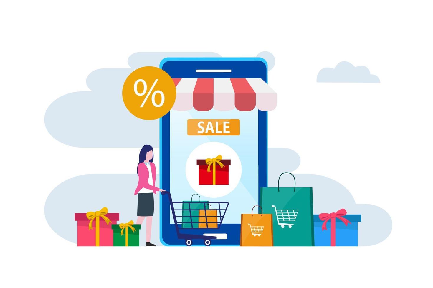 descuentos, ilustración vectorial de venta. tienda en línea en la aplicación móvil del teléfono inteligente. las personas diminutas eligen productos a precios bajos en sus dispositivos. vector